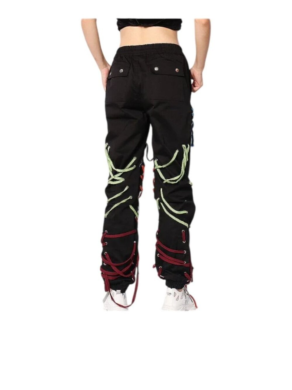 Twotwinstyle Womens High-Waist Patchwork Bandage Pants Colorful Rope Detail S - Picture 4 of 9